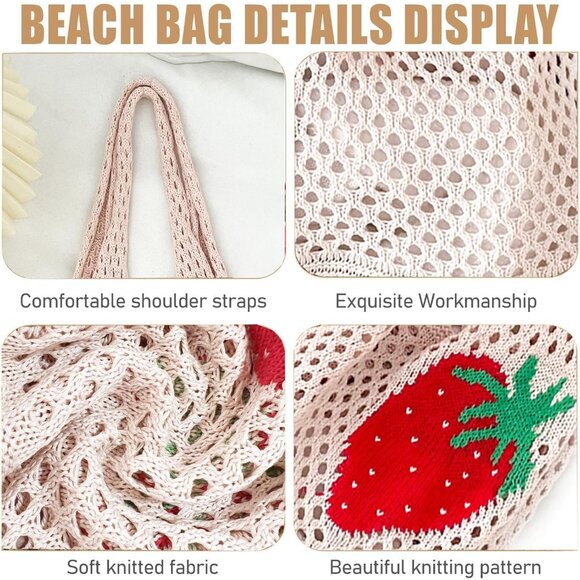 Crochet Tote Bag Strawberry Pattern Beach Bag Summer Shoulder Handbag - Picture 4 of 6
